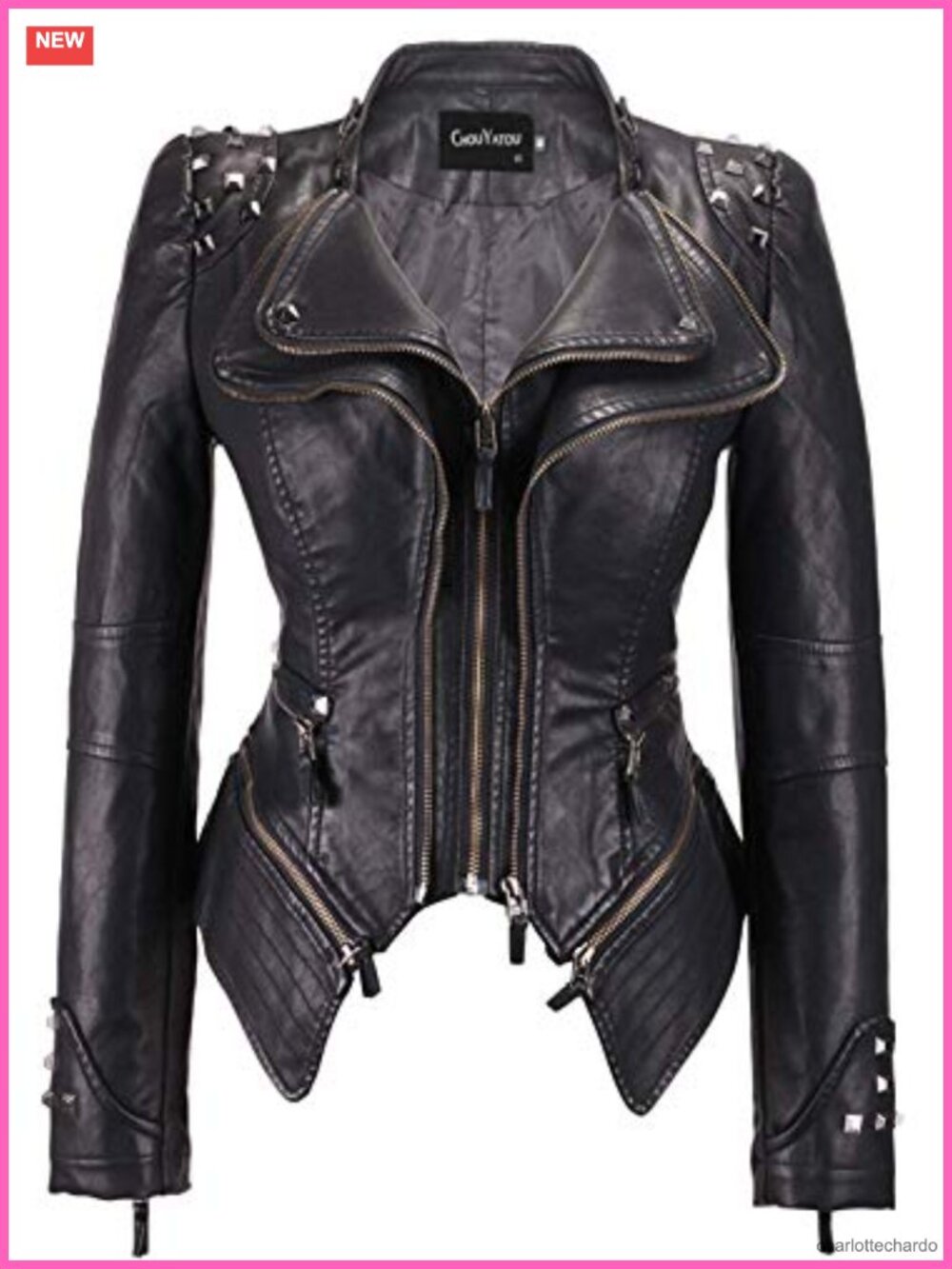 Faux Leather Moto Biker Jacket Studded Fitted Zip Moto Outerwear